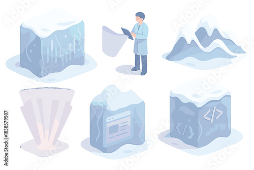 Futuristic Glacier Memory. Isometric vector illustration set Bio-rune formation: moss clusters shaping ancient letters, spore