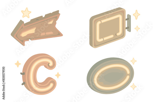 Urban Glow Relics. Isometric vector illustration set Urban glow relics: vintage sign fragments, dim edges, worn tubes, open metal
