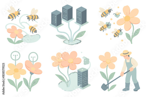 Digital Garden Harmony. Isometric vector illustration set Information garden: pollination routes as data highways, glowing stems