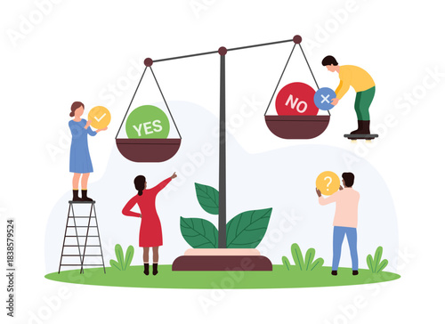 Decision making process, choice between positive and negative, right and wrong solutions, alternative option. Tiny people weigh Yes and No, tick and cross on balance scales cartoon vector illustration