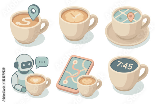 Smart Latte Navigation. Isometric vector illustration set Smart latte navigation: commuter’s coffee showing route visualization,