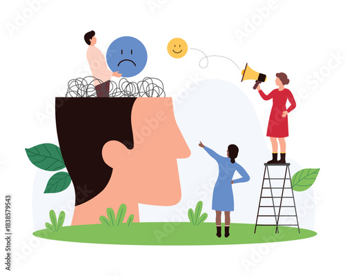 Mood change from negative to positive, emotional swing, mental health. Tiny people work with chaos of thoughts and sad emoji inside open human head, offer happy feeling cartoon vector illustration