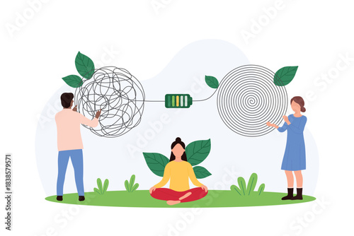 Meditation to clear mind, mental health. Tiny people holding knots of chaos and order of thought with connection through battery, patient sitting in lotus pose to meditate cartoon vector illustration