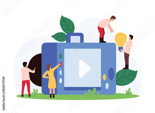 Creative photography, photo ideas for gallery, album in social media. Tiny people press button on professional digital camera to photograph, man holding light bulb cartoon vector illustration