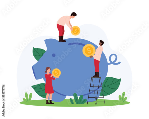 Finance investment and economy with money box, bank deposit, charity and savings. Tiny people standing on ladder to throw golden coins into piggy bank, invest gold cartoon vector illustration