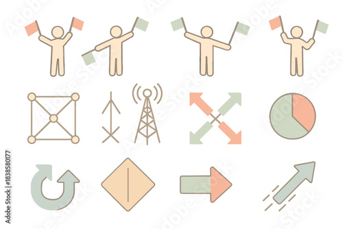 Semaphore Logic Symbols. Isometric vector illustration set Semaphore logic: waving flag symbols, structured positions,