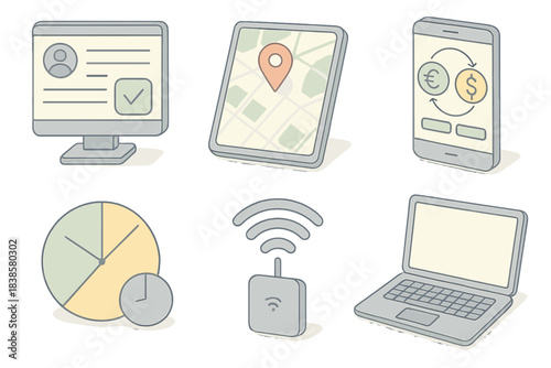 Digital Nomad Toolkit. Isometric vector illustration set of digital nomad tools: visa application status dashboard, co-working