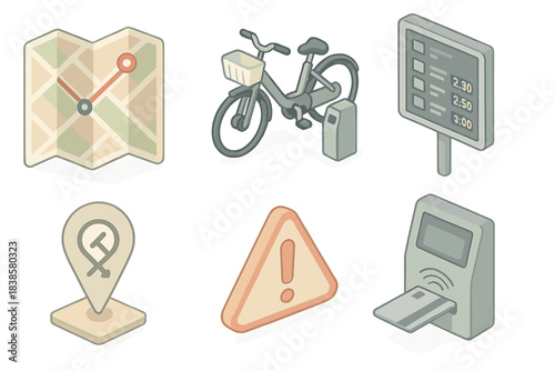 Public Transit Navigation Icons. Isometric vector illustration set of public transit navigation: map with planned route, shared