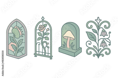 Mystic Floral Symbols. Isometric vector illustration set of sacred floral symbols: flytrap framed in cathedral glass, rose vine