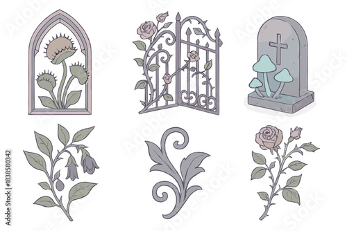 Gothic Botanical Elements. Isometric vector illustration set of gothic botanical elements: Venus flytrap framed in cathedral
