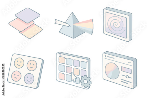 Color Interaction Modules. Isometric vector illustration set of color interaction modules: color-shifting tiles, prism refractor
