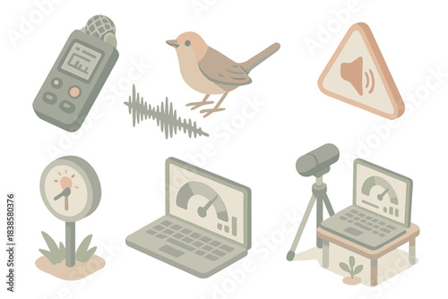 Bioacoustic Monitoring Icons. Isometric vector illustration set of bioacoustic monitoring icons: portable recorder for soundscape,