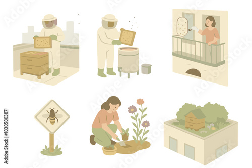 Urban Pollinator Projects. Isometric vector illustration set of urban pollinator projects: checking hive frames on a city rooftop,