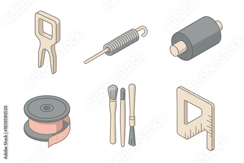Typewriter Tool Icons. Isometric vector illustration set of typewriter restoration tools: keycap puller, tension spring tester,
