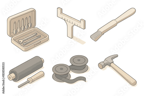 Typewriter Repair Tools. Isometric vector illustration set of retro writing machine repair: screw extractor set, alignment ruler,
