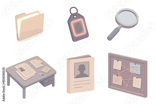 Noir Case Management Icons. Isometric vector illustration set of noir case management: illuminated file folder, red neon evidence