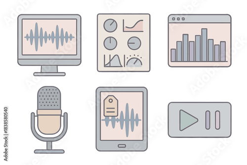 Forensic Audio Examination. Isometric vector illustration set of forensic audio examination: waveform inspection display, noise