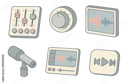 Audio Forensic Tools. Isometric vector illustration set of audio forensic workflow: sound enhancement console, noise gate dial,