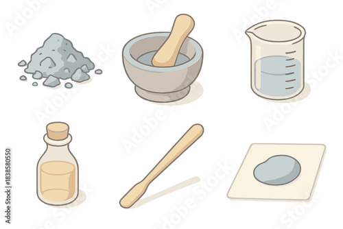 Ink Workshop Essentials. Isometric vector illustration set of ink-making workshop: crushed mineral pigment, wooden grinding pestle