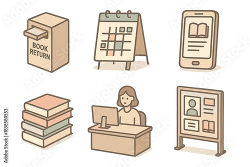 Library Management Icons. Isometric vector illustration set of public library management: book return drop box, event calendar