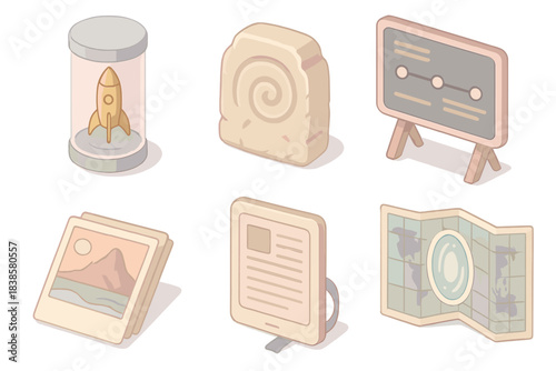 Time-Travel Gift Collection. Isometric vector illustration set of time-travel souvenirs: futuristic souvenir capsule, ancient