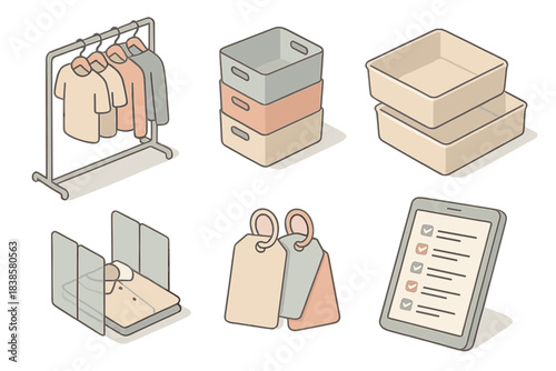 Interior Organization Toolkit. Isometric vector illustration set of interior organization toolkit: clothes rail, stackable storage
