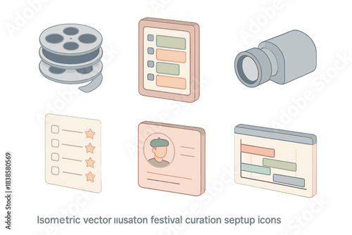 Festival Curation Icons. Isometric vector illustration set of festival curation setup: reel stack, digital schedule interface,