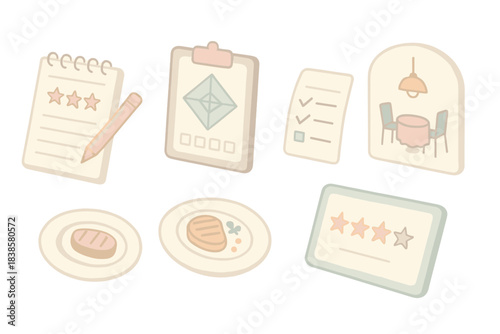 Dining Evaluation Icons. Isometric vector illustration set of professional dining evaluation: tasting notes pad, flavor rating