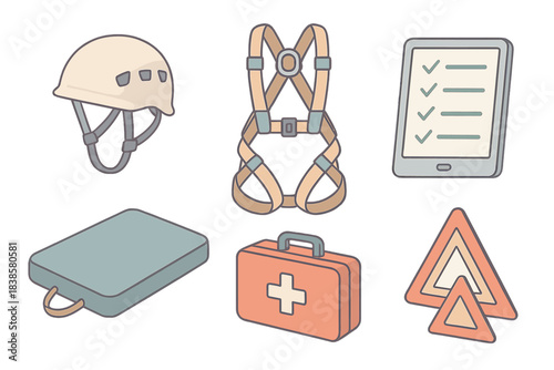 Stunt Essentials Icons. Isometric vector illustration set of action stunt essentials: protective headgear, full-body safety