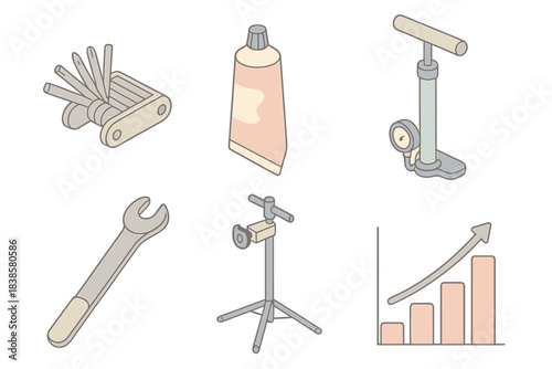 Bike Maintenance Tools. Isometric vector illustration set of professional bike maintenance: multi-tool, grease tube, tire pump