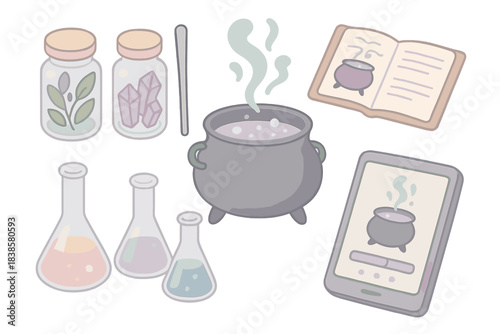 Potion-Making Icons. Isometric vector illustration set of potion-making workflow: herb and crystal jars, stirring rod, cauldron