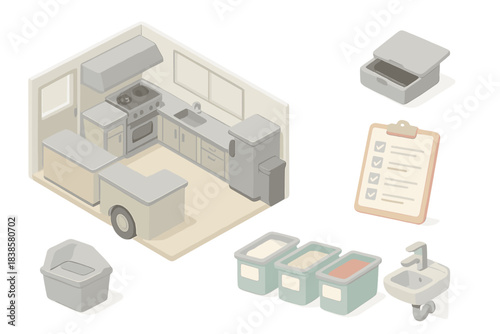 Food Truck Preparation. Isometric vector illustration set Food truck health inspection preparation: interior layout with labeled