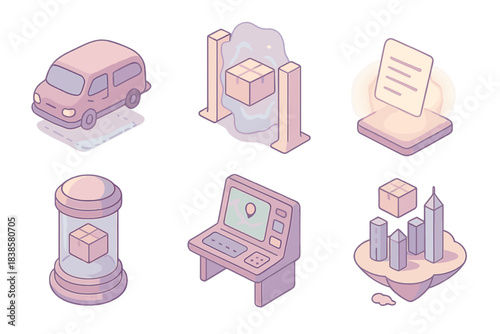 Interdimensional Delivery Icons. Isometric vector illustration set Interdimensional postal service delivery tracking: