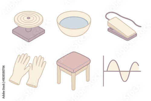 Glass Armonica Essentials. Isometric vector illustration set Glass armonica performance and maintenance: close-up of spinning