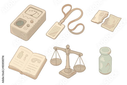 Post-Apocalyptic Relic Set. Isometric vector illustration set Post-apocalyptic relic identification and trading: broken Geiger