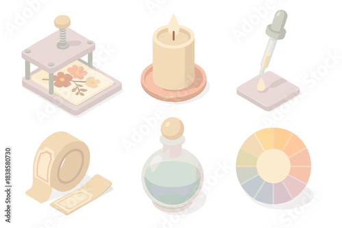 Esoteric Perfume Blending Essence. Isometric vector illustration set Esoteric perfume oil blending notes: botanical press with