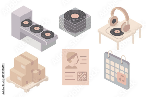 Vinyl Production Timeline. Isometric vector illustration set Indie band vinyl record production timeline: pressing plant conveyor