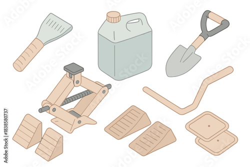 Car Emergency Kit. Isometric vector illustration set Basic car emergency kit contents: windshield scraper, extra windshield washer