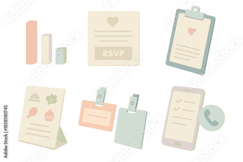 Party Planning Essentials. Isometric vector illustration set Party planning guest list and menu: RSVP status bar chart, editable