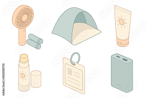 Beach Packing Essentials. Isometric vector illustration set Beach day essentials packing list: handheld fan with batteries,