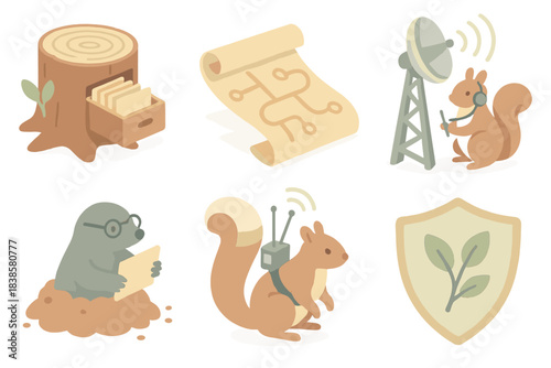 Suburban Wildlife Spy Agency. Isometric vector illustration set Suburban wildlife spy agency operations: intelligence archive tree