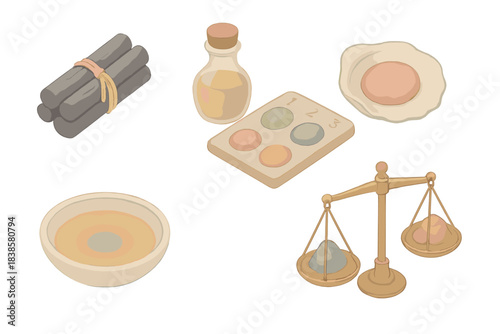 Medieval Pigment Tools. Isometric vector illustration set Medieval manuscript pigment recreation: charcoal stick bundle for black