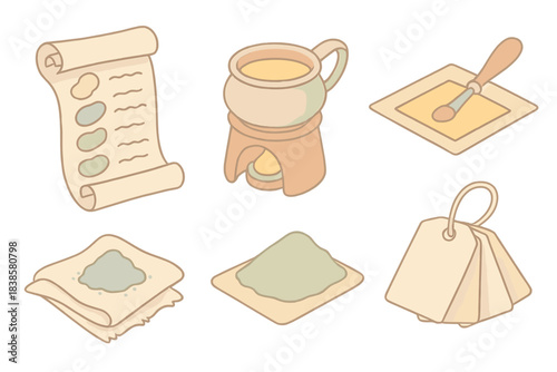 Medieval Pigment Illustration Set. Isometric vector illustration set Medieval manuscript pigment recreation: recipe scroll with