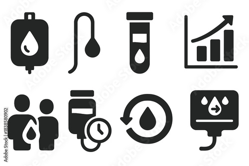 Blood Rejuvenation Icons. Solid style icons of blood-based rejuvenation studies: plasma bag icon, transfusion tube symbol, young