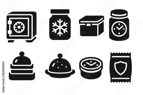 Preservation Icon Set. Solid style icons of preservation containers: vacuum-sealed vault, cryo-food jar, airtight heritage box.