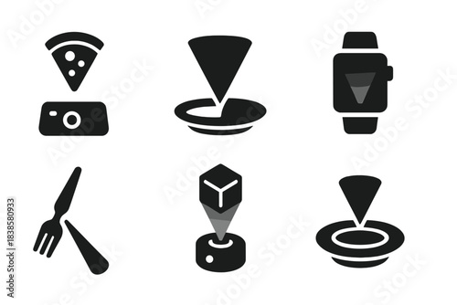Hologram Projection Icons. Solid style icons of hologram projection devices: compact food projector, plate with embedded beam,