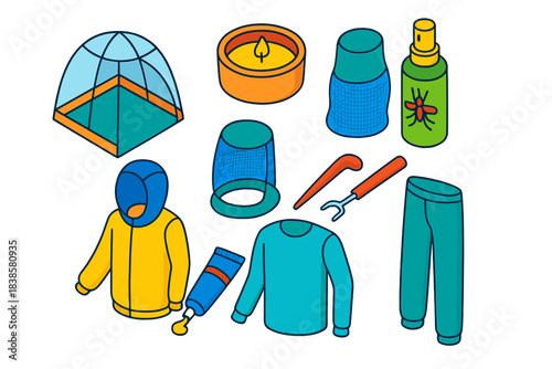 Camping Essentials Icons. Isometric vector illustration set Camping essentials – mosquito net, citronella candle, insect repellent