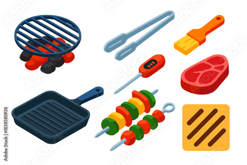 Grilling Techniques Icons. Isometric vector illustration set Cooking techniques – charcoal grill grate, hot coals, metal tongs;