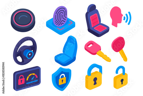 Biometric Auto Security Icons. Isometric vector illustration set Biometric authentication – vehicle start button, fingerprint pad,