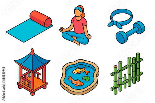 Park Activities Icons. Isometric vector illustration set Park activities – yoga mat, lotus pose figure, bolster cushion; headband,
